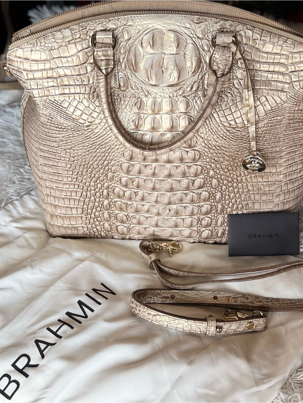 Brahmin Metallic Croc-Embossed Satchel in Champagne Gold - Picture 2 of 6